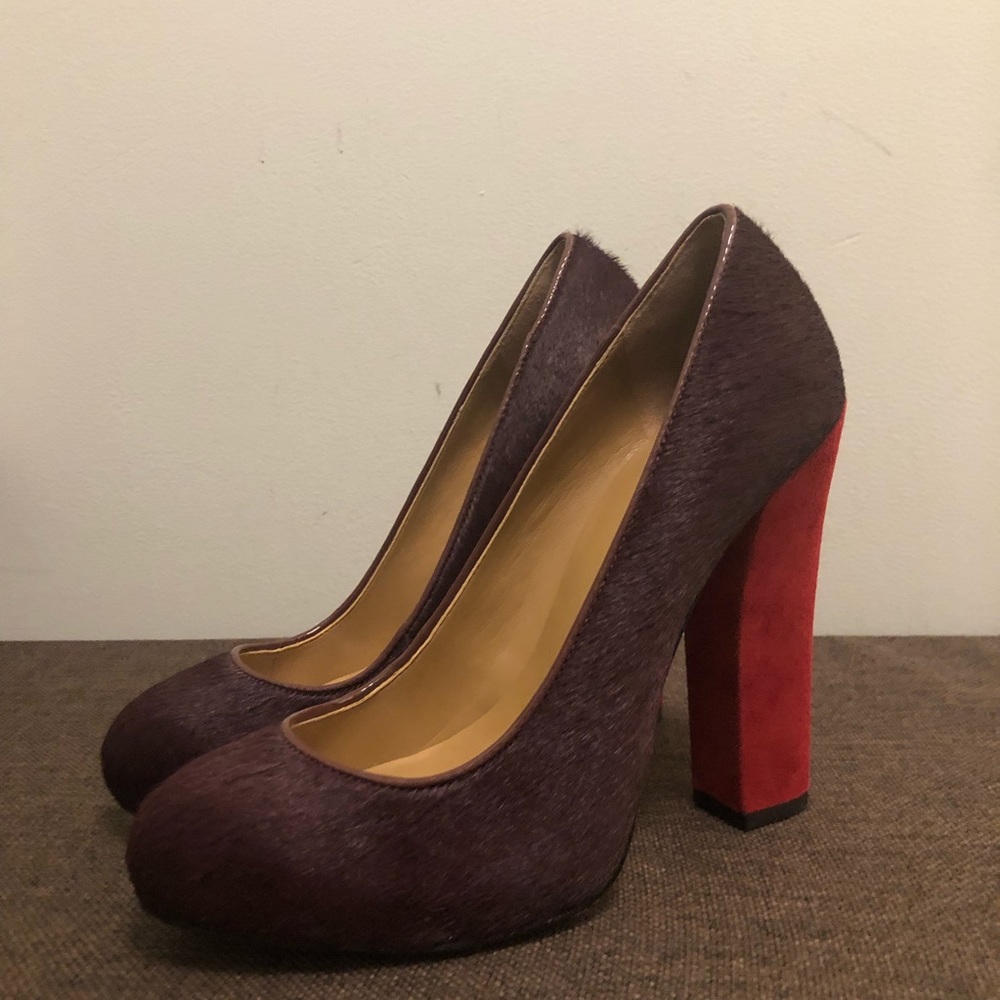 Ann Taylor Purple Red Fur Suede Block Heels 5